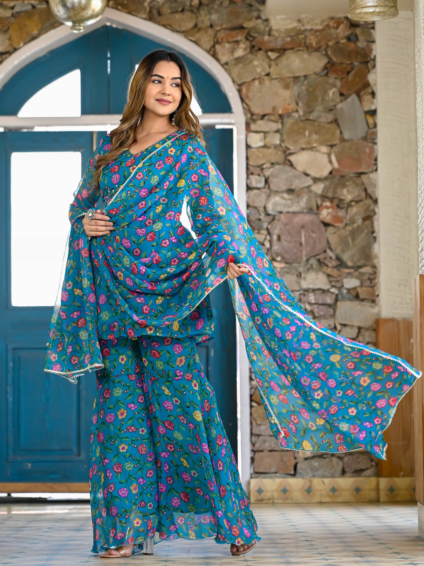 Teal floral sharara set PC10