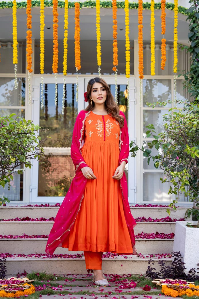 Orange chinnon suit