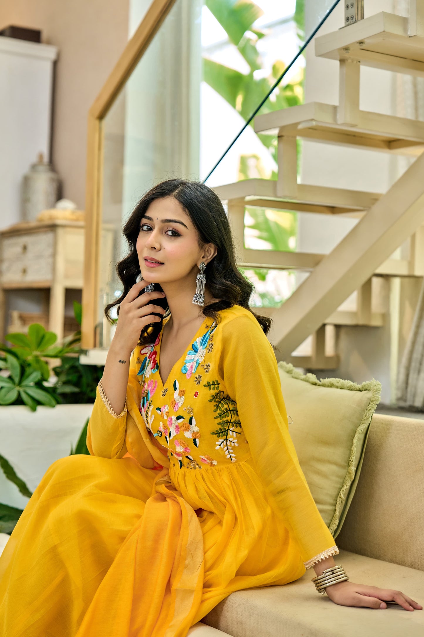Handwork mul chanderi yellow suit