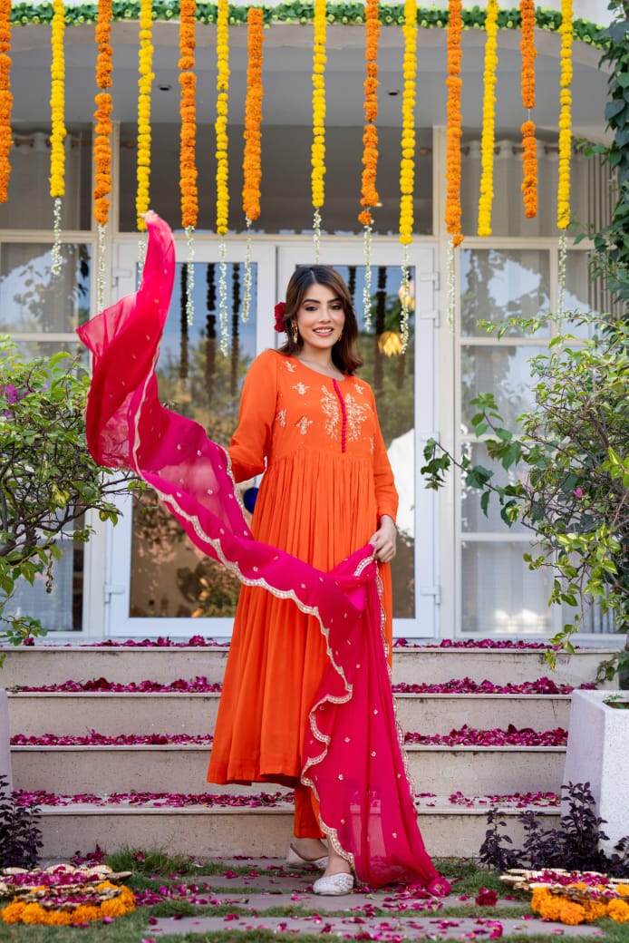 Orange chinnon suit