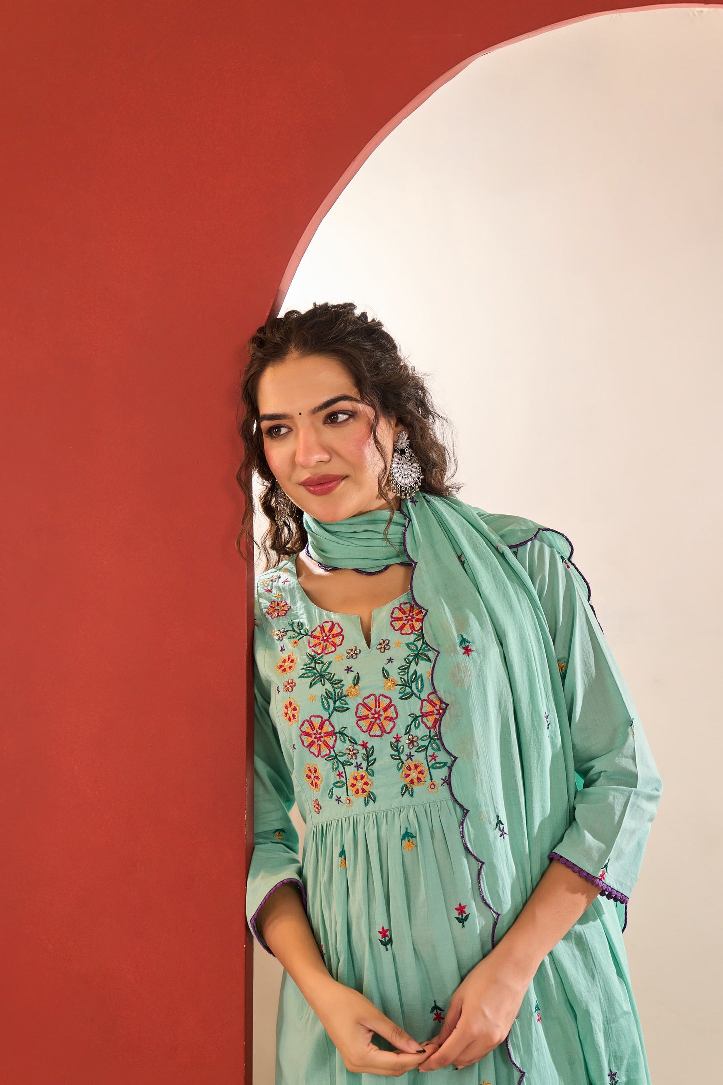 Floral embroidery Mint Mul cotton suit