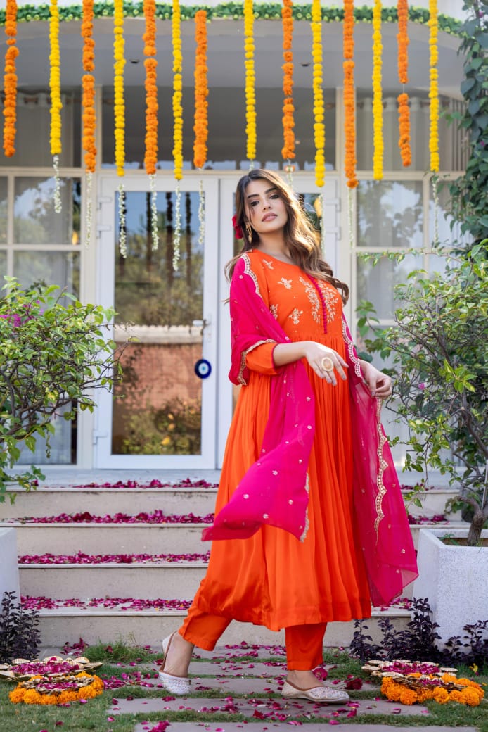 Orange chinnon suit
