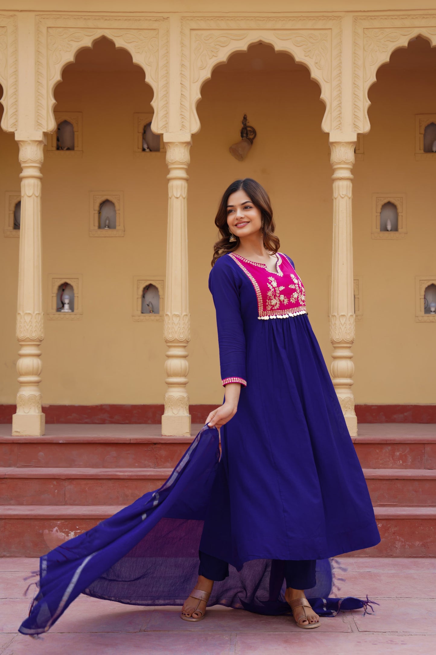 Royal blue & purple mul chanderi suit