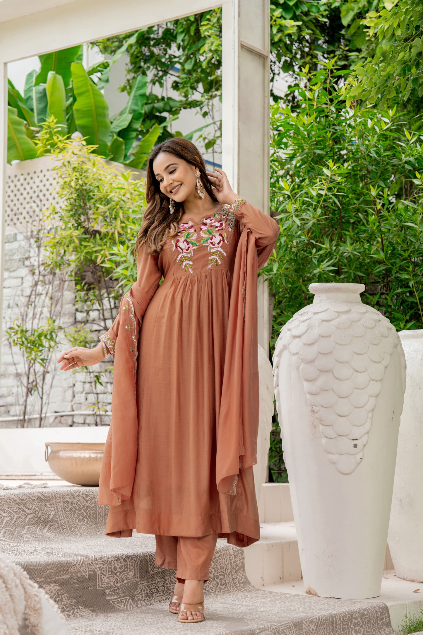 Handwork mul chanderi brown suit