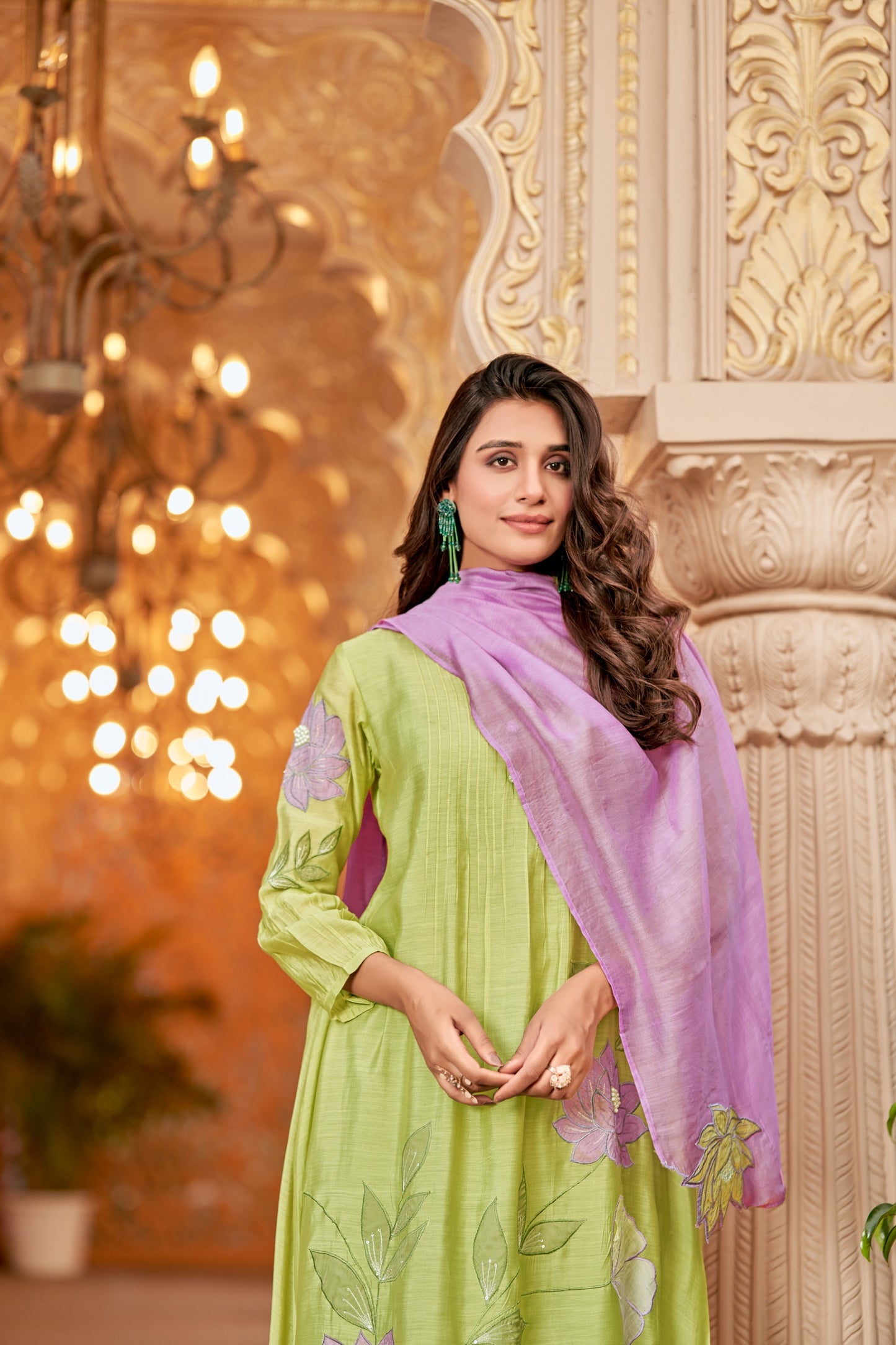 Applique mul chanderi green suit