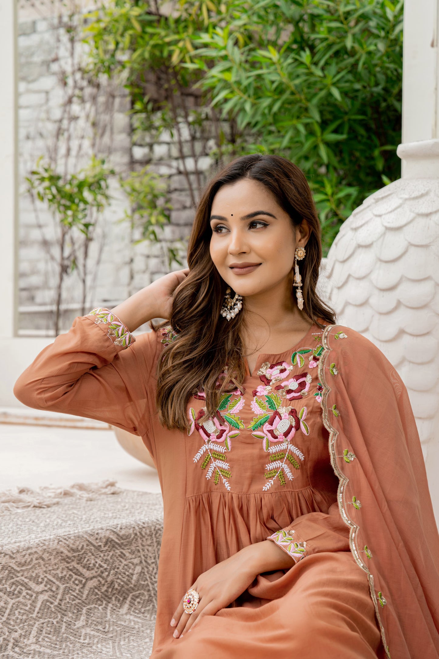Handwork mul chanderi brown suit