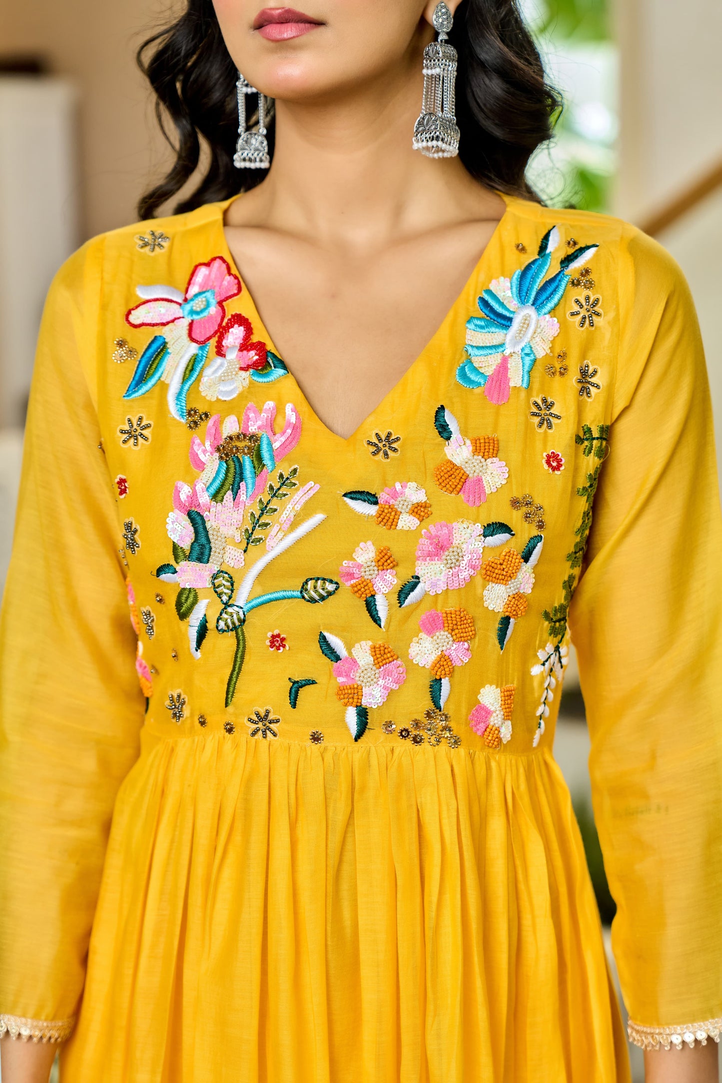 Handwork mul chanderi yellow suit
