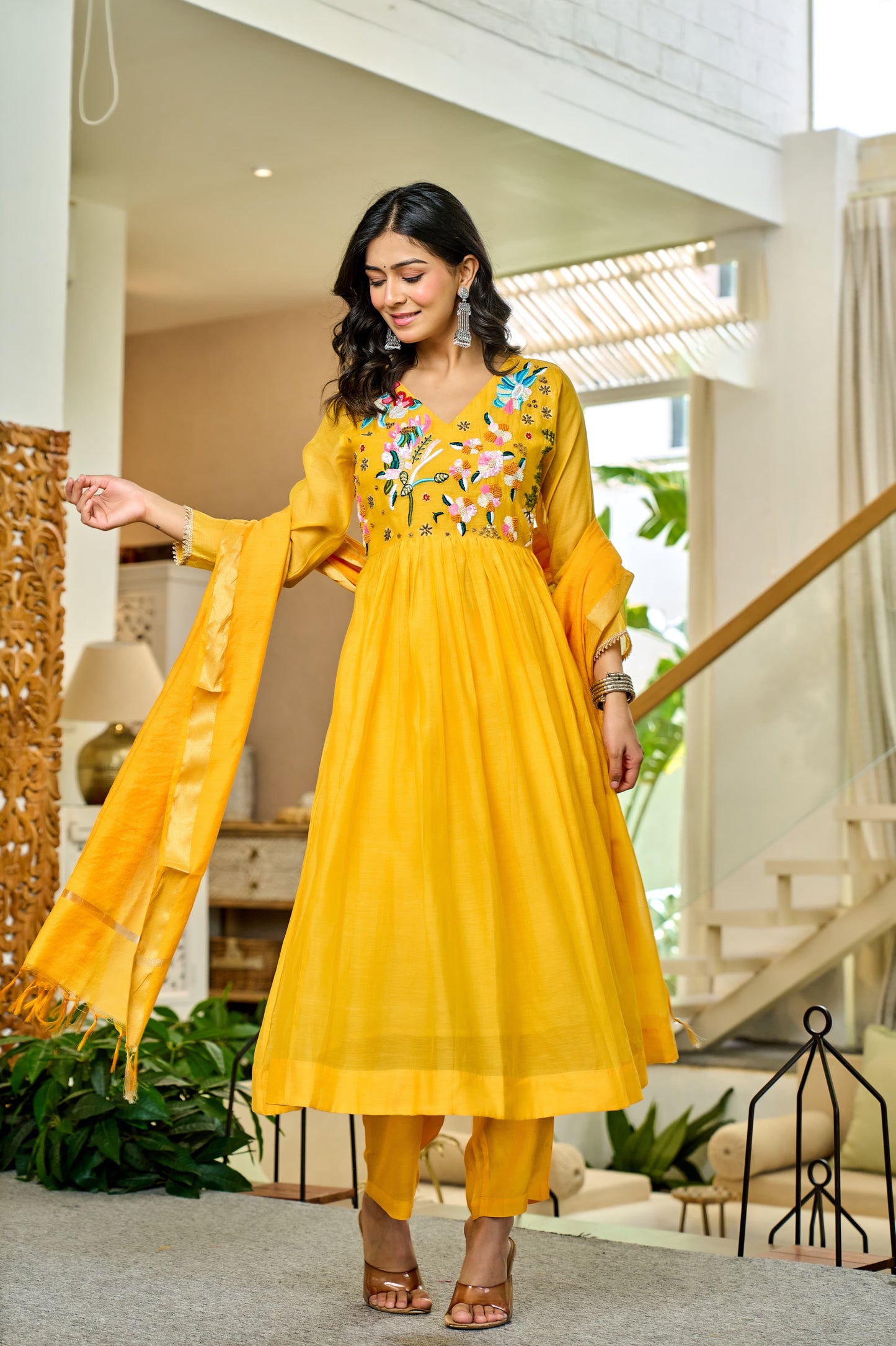 Handwork mul chanderi yellow suit