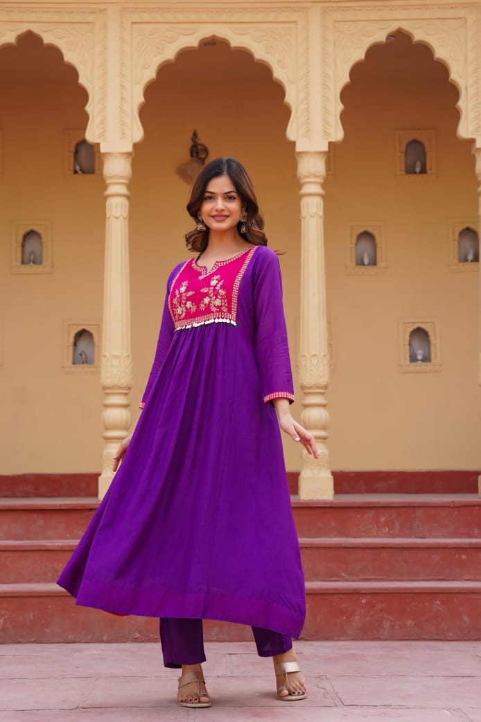 Royal blue & purple mul chanderi suit