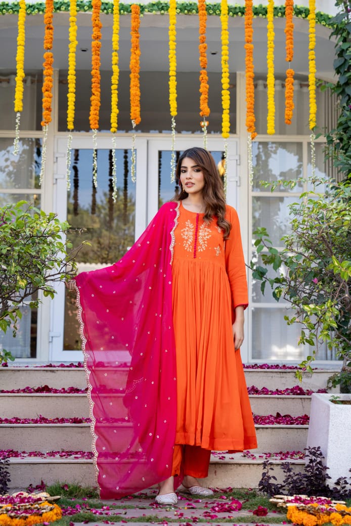 Orange chinnon suit