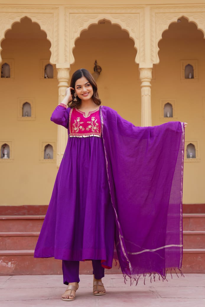 Royal blue & purple mul chanderi suit