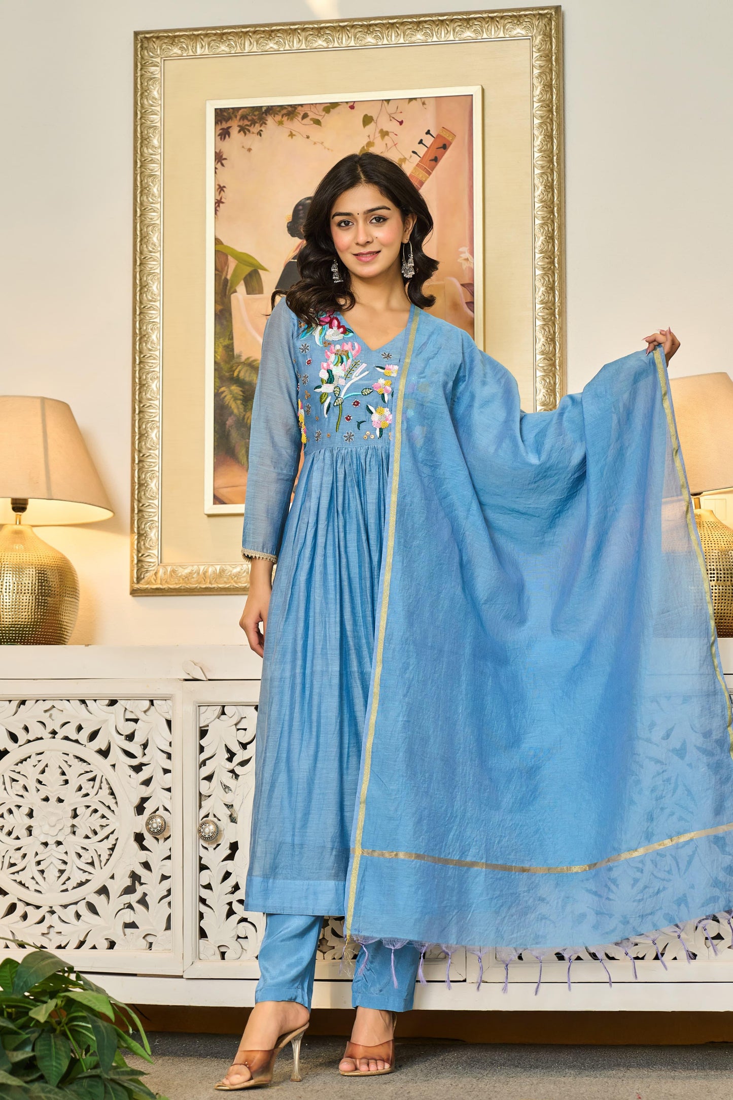 Handwork mul chanderi blue suit