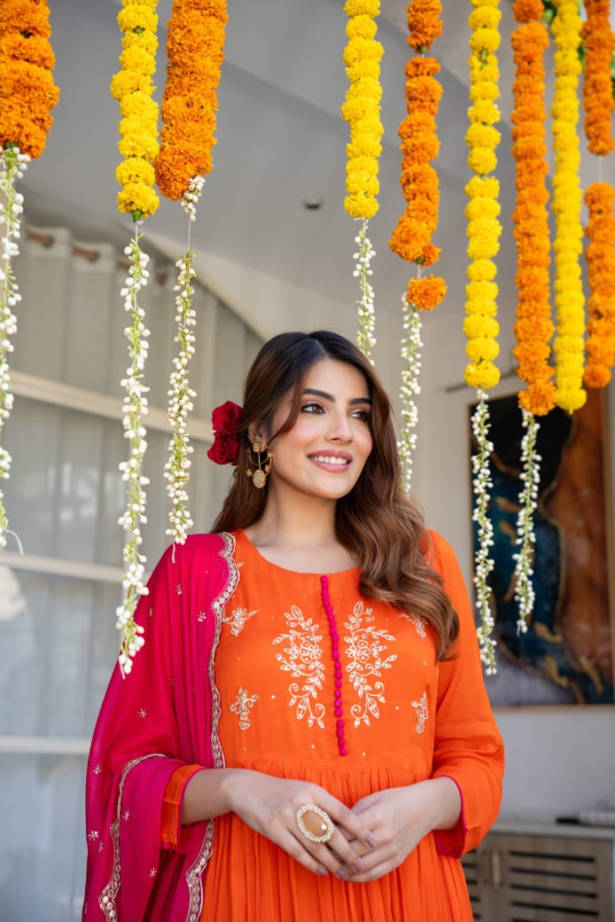 Orange chinnon suit