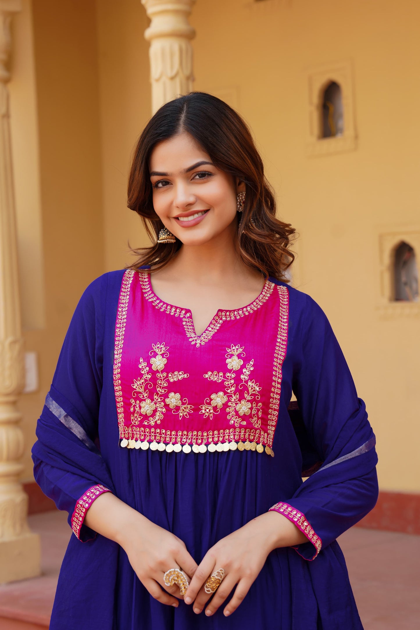Royal blue & purple mul chanderi suit