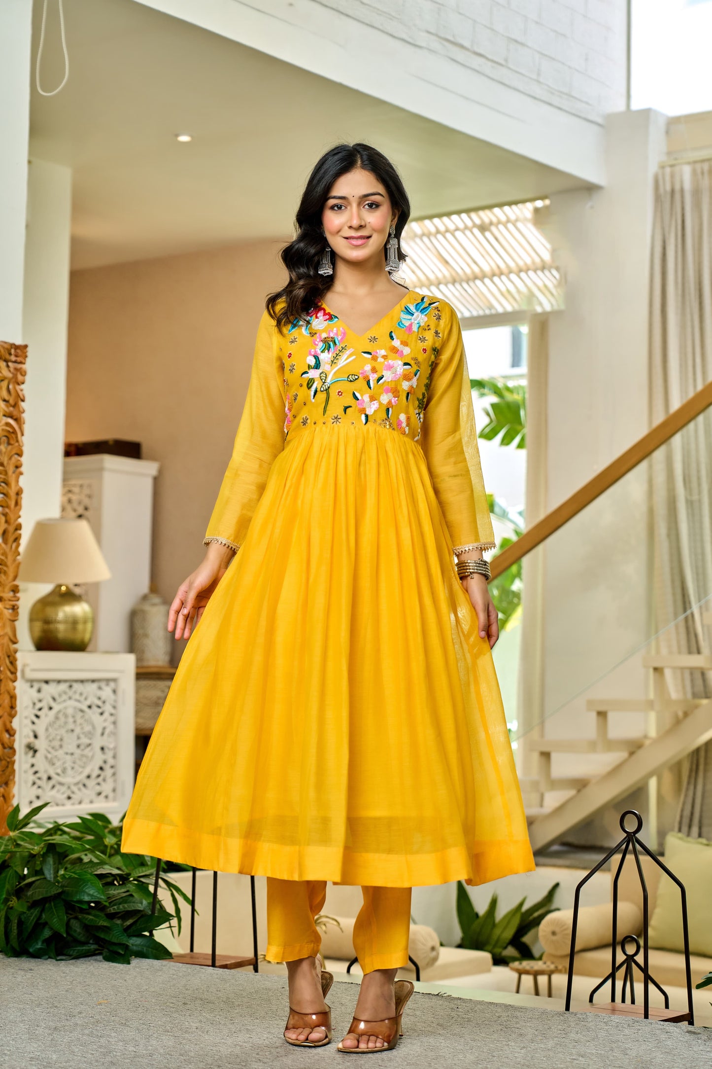 Handwork mul chanderi yellow suit
