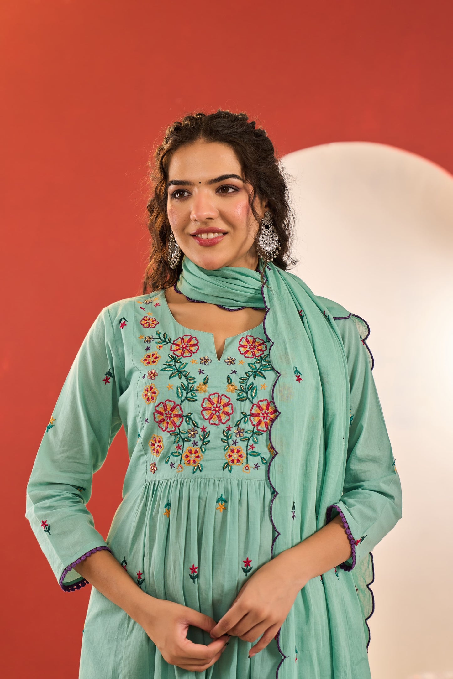 Floral embroidery Mint Mul cotton suit