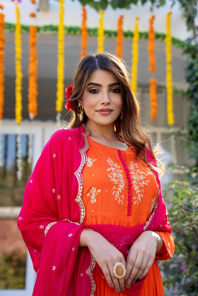 Orange chinnon suit