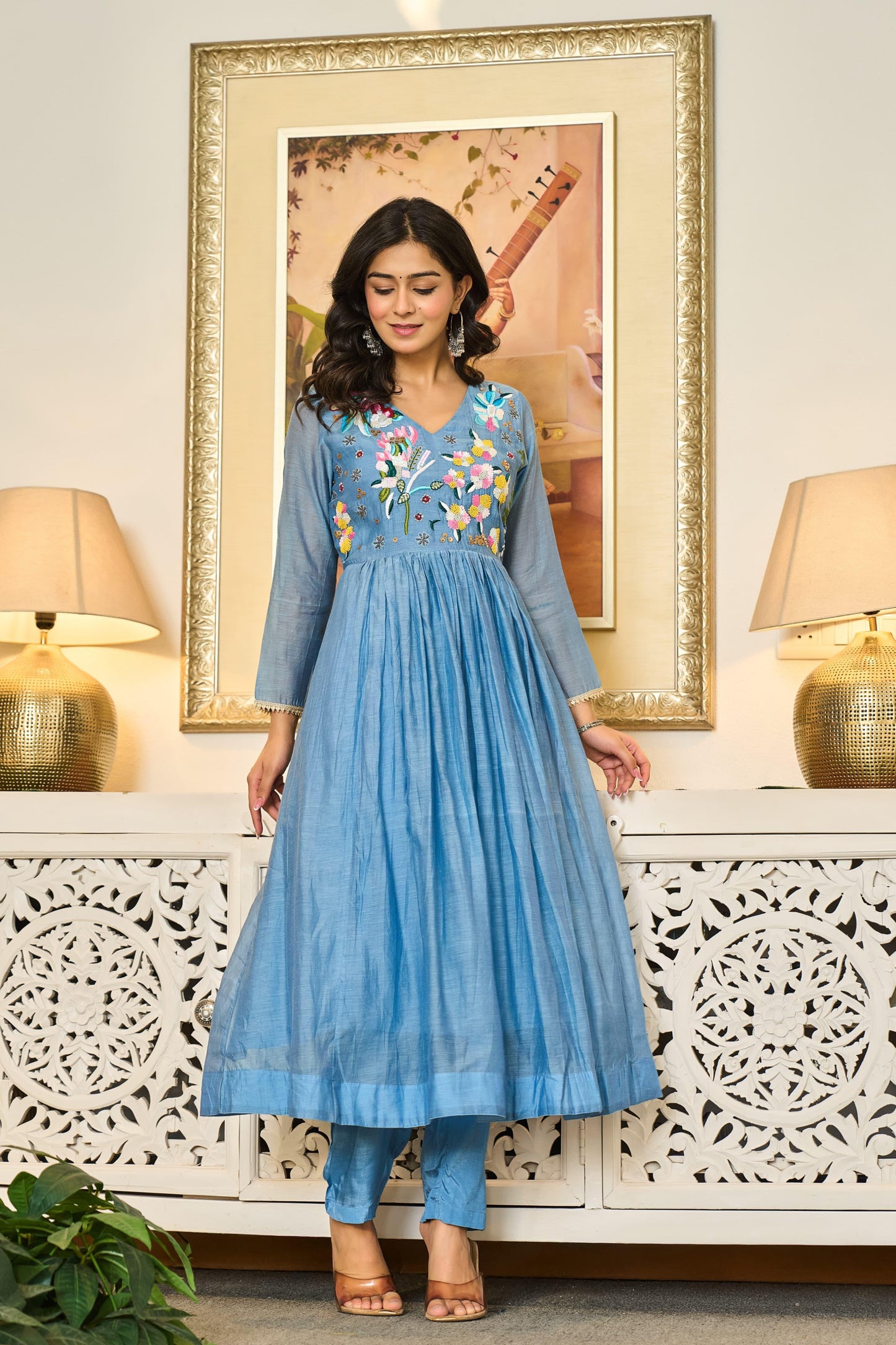 Handwork mul chanderi blue suit