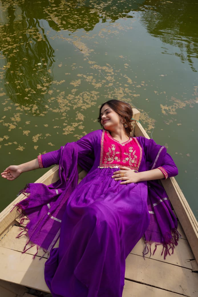 Royal blue & purple mul chanderi suit