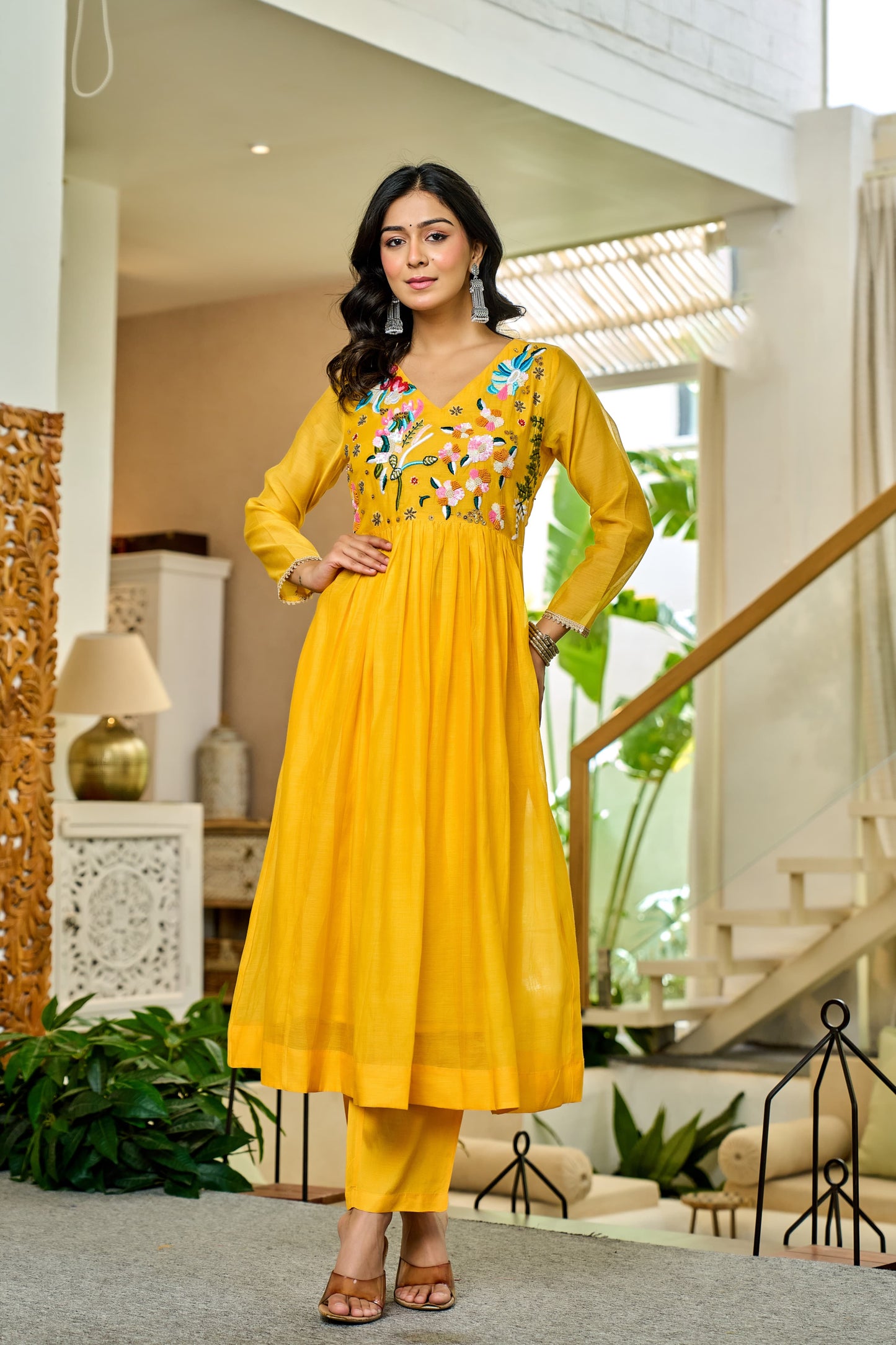 Handwork mul chanderi yellow suit