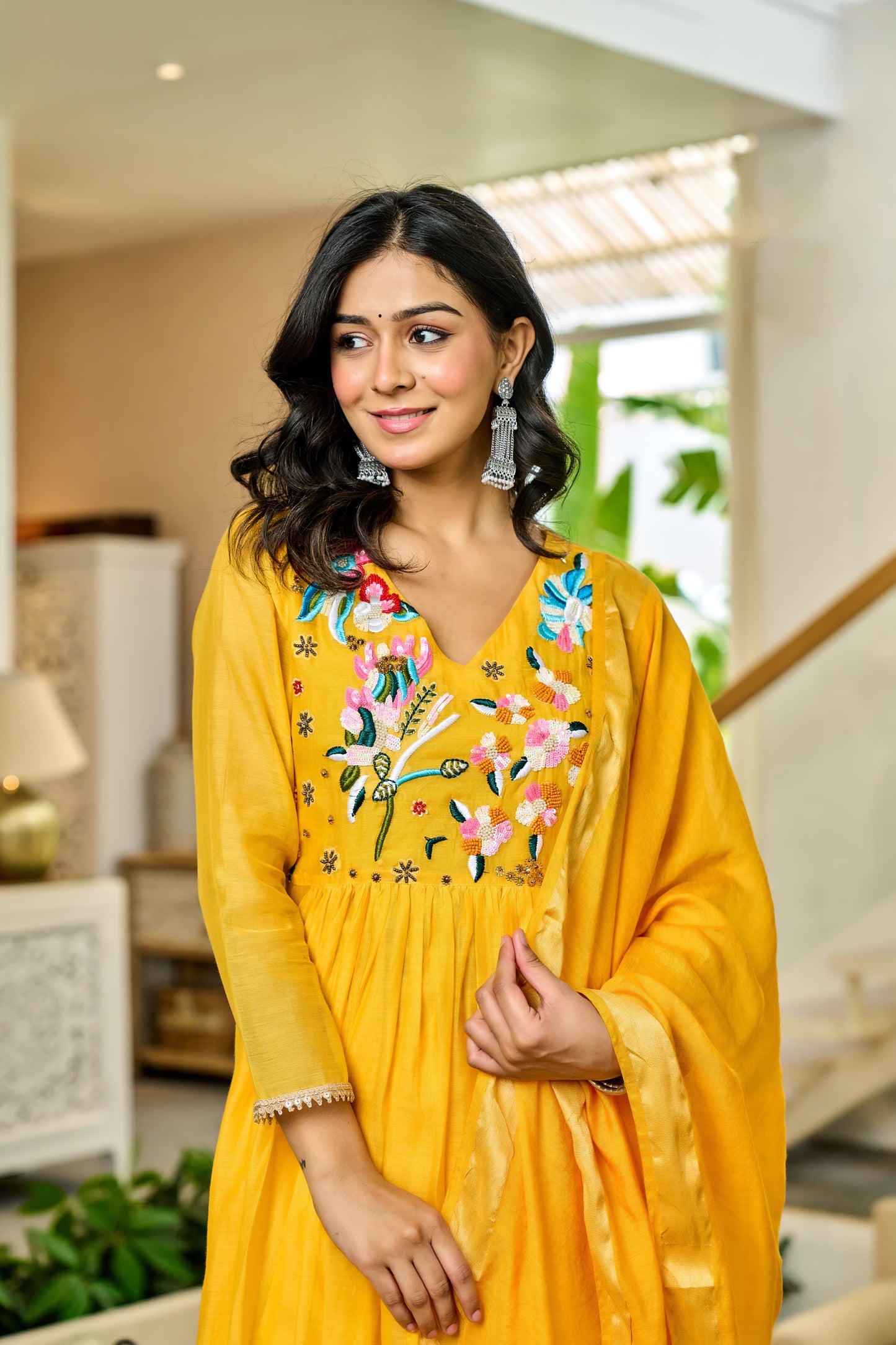 Handwork mul chanderi yellow suit