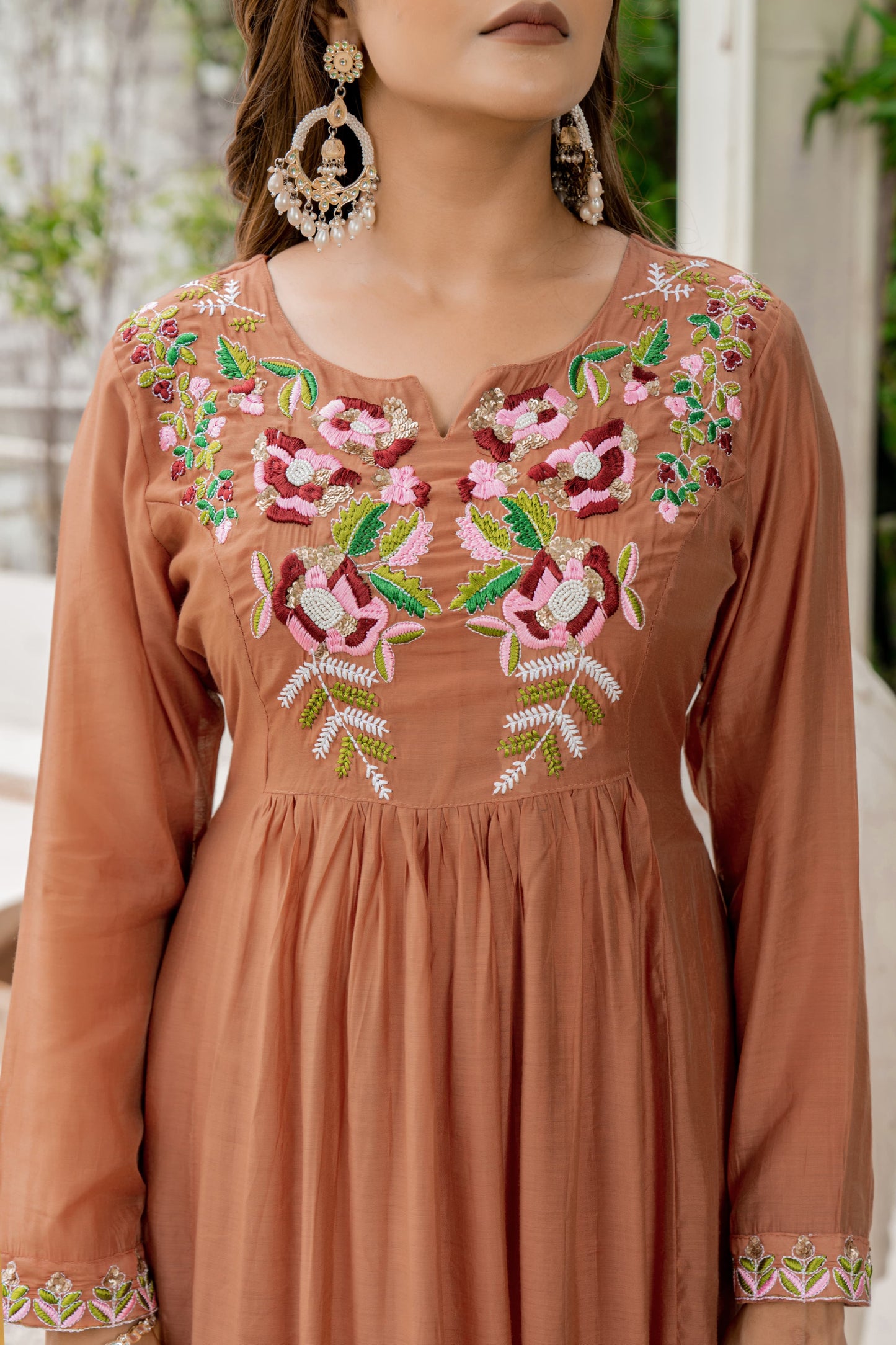 Handwork mul chanderi brown suit