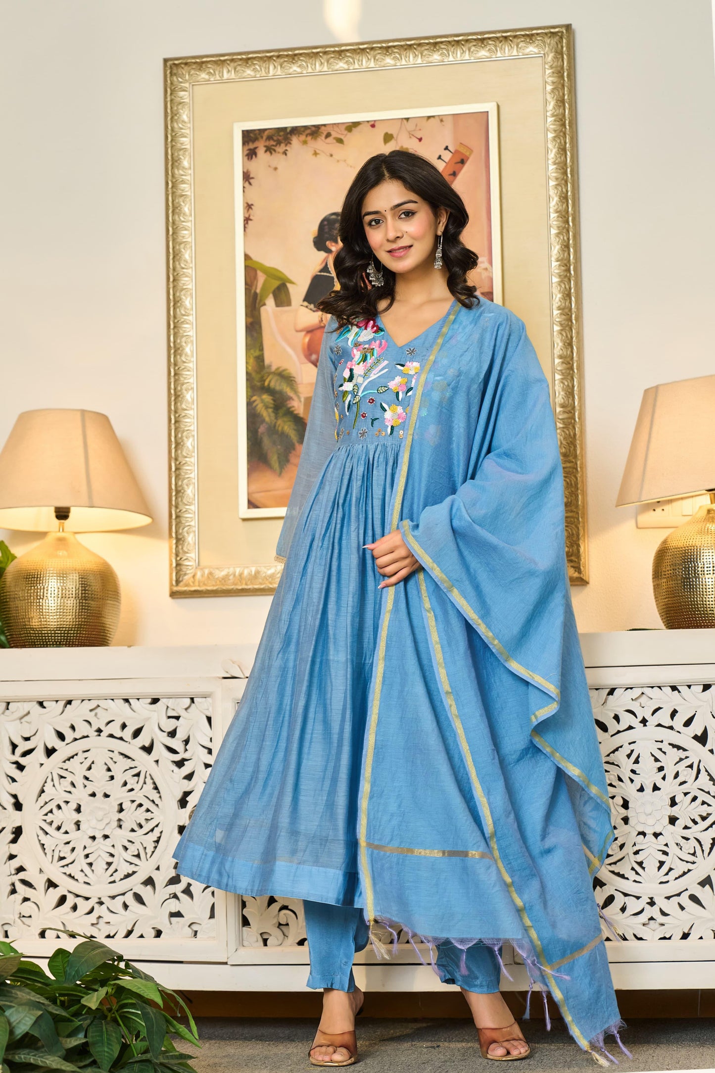 Handwork mul chanderi blue suit