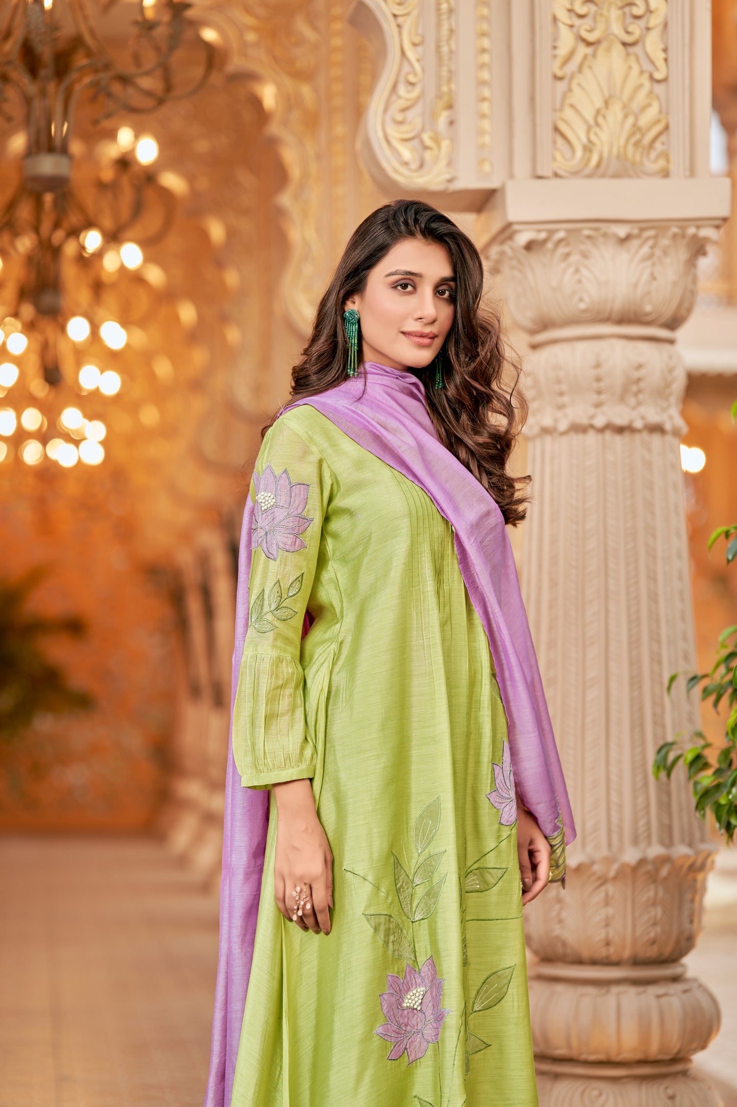 Applique mul chanderi green suit