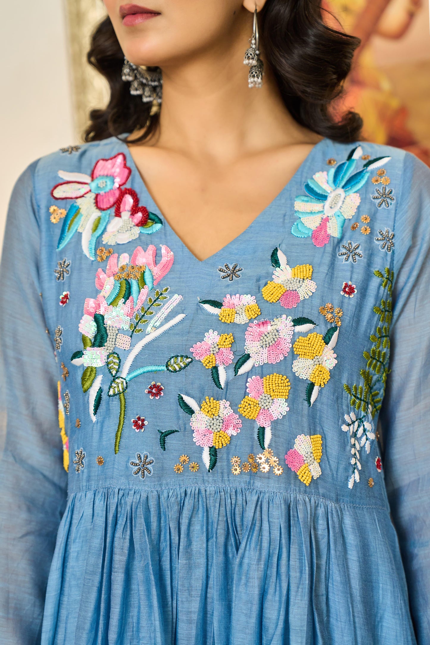 Handwork mul chanderi blue suit
