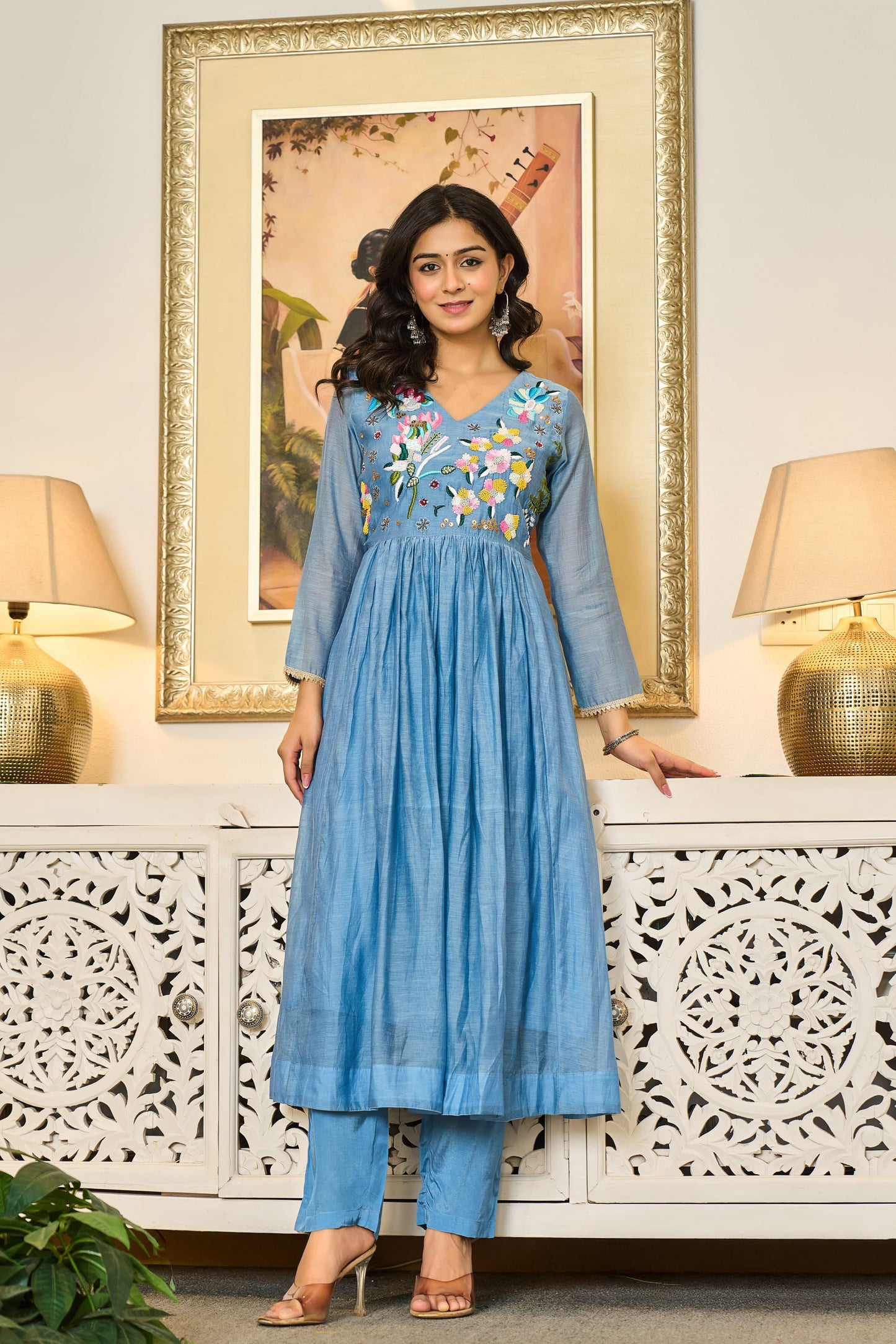 Handwork mul chanderi blue suit