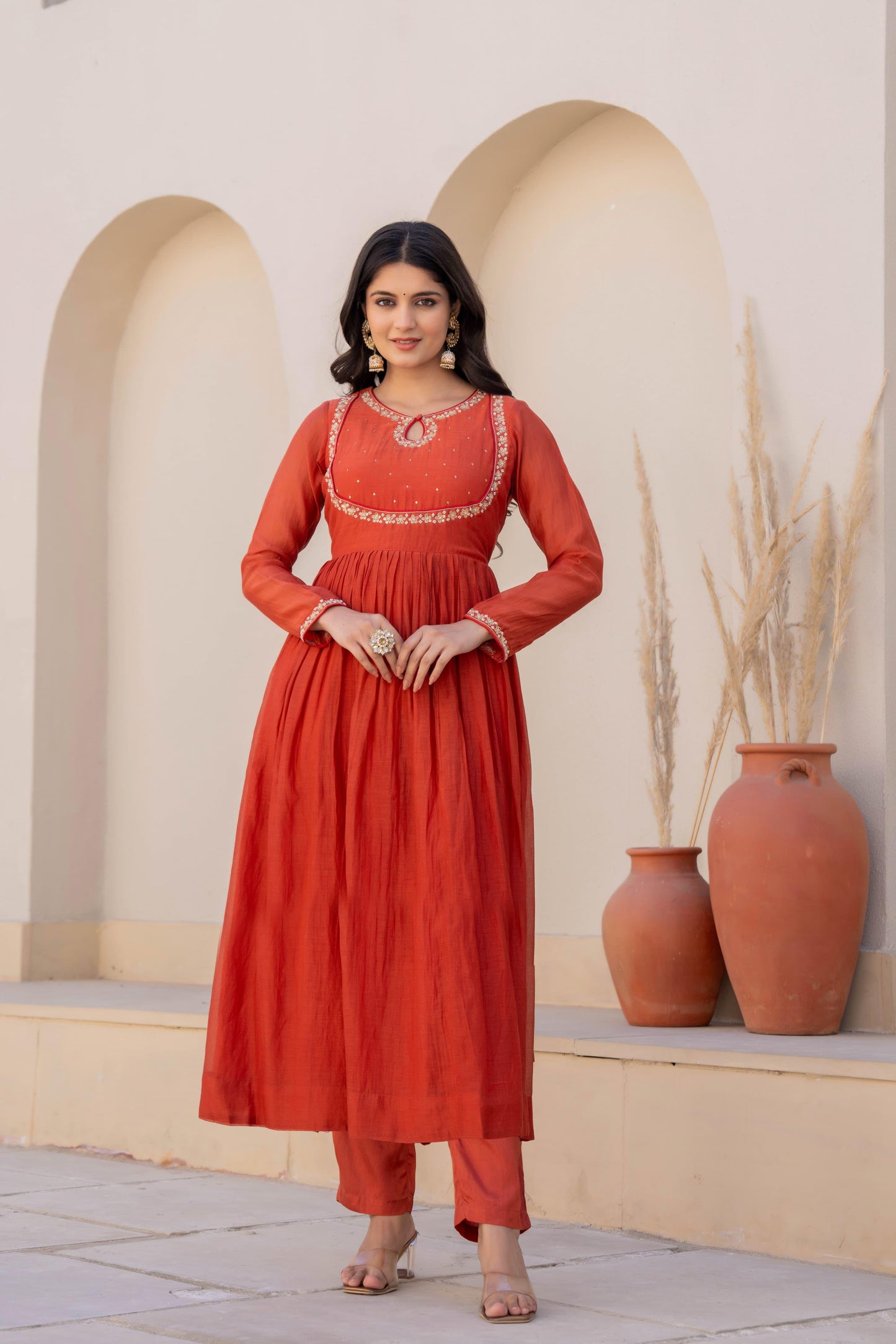 Mul chanderi orange sequence suit