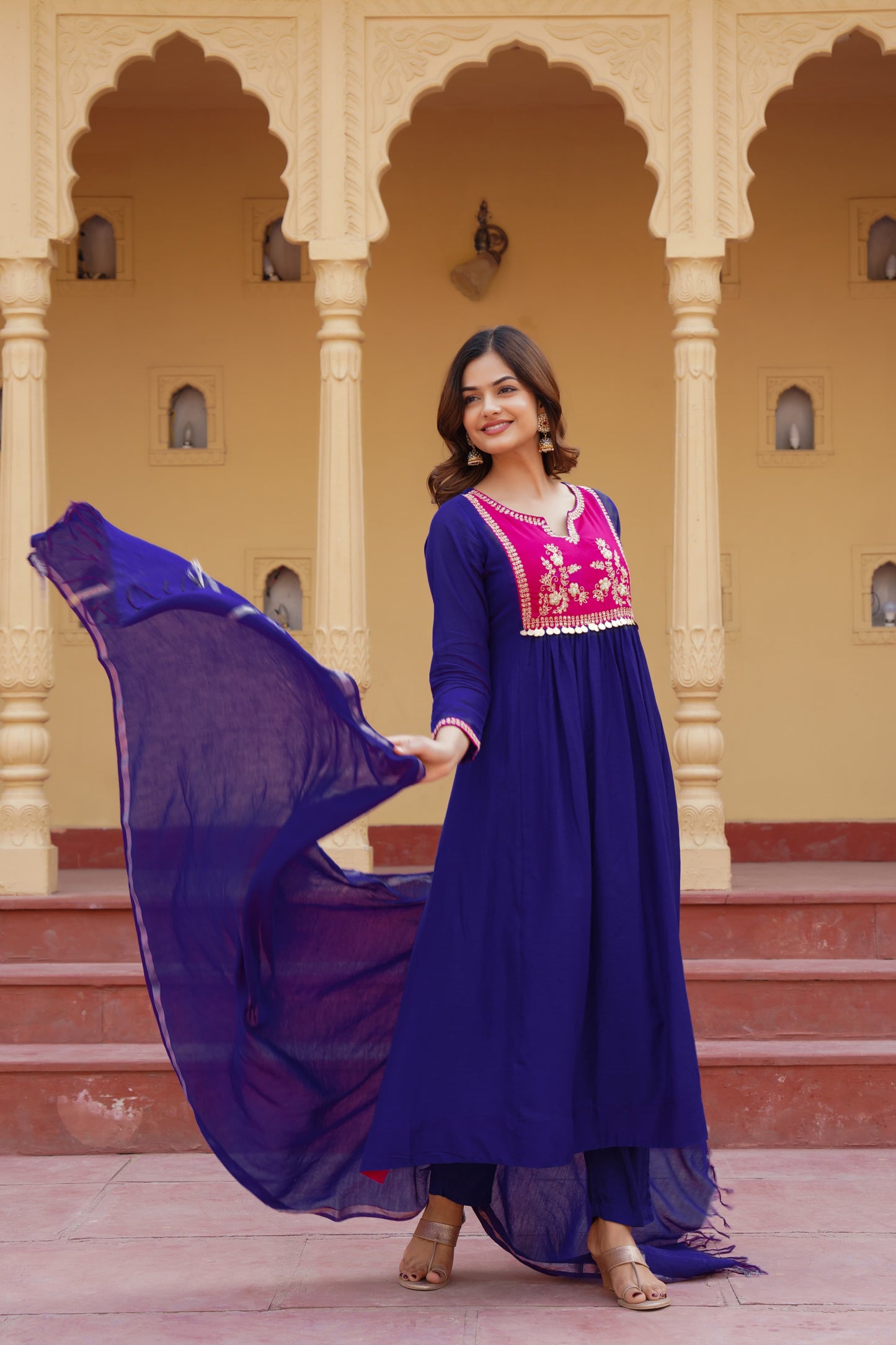 Royal blue & purple mul chanderi suit
