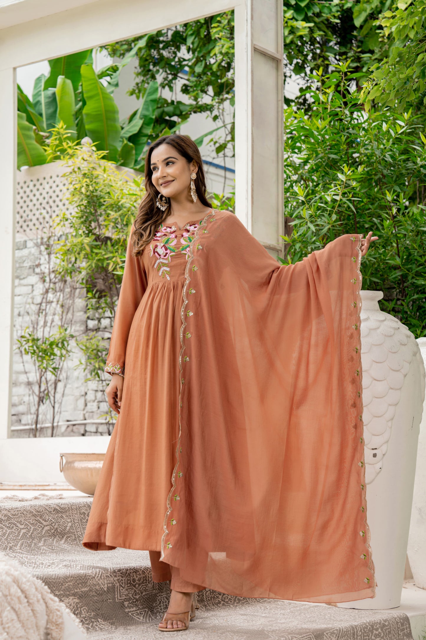 Handwork mul chanderi brown suit