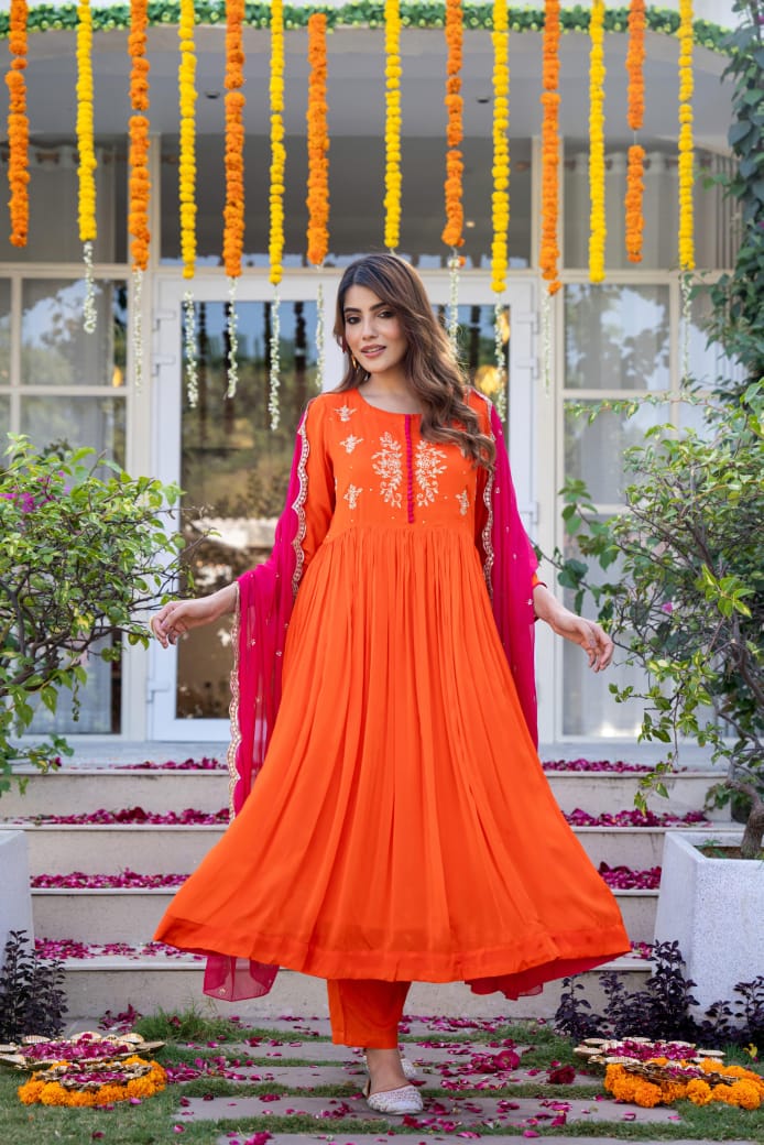 Orange chinnon suit