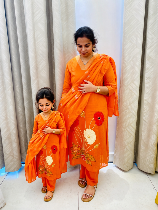 Sunset Bloom Appliqué Cotton Suit Set