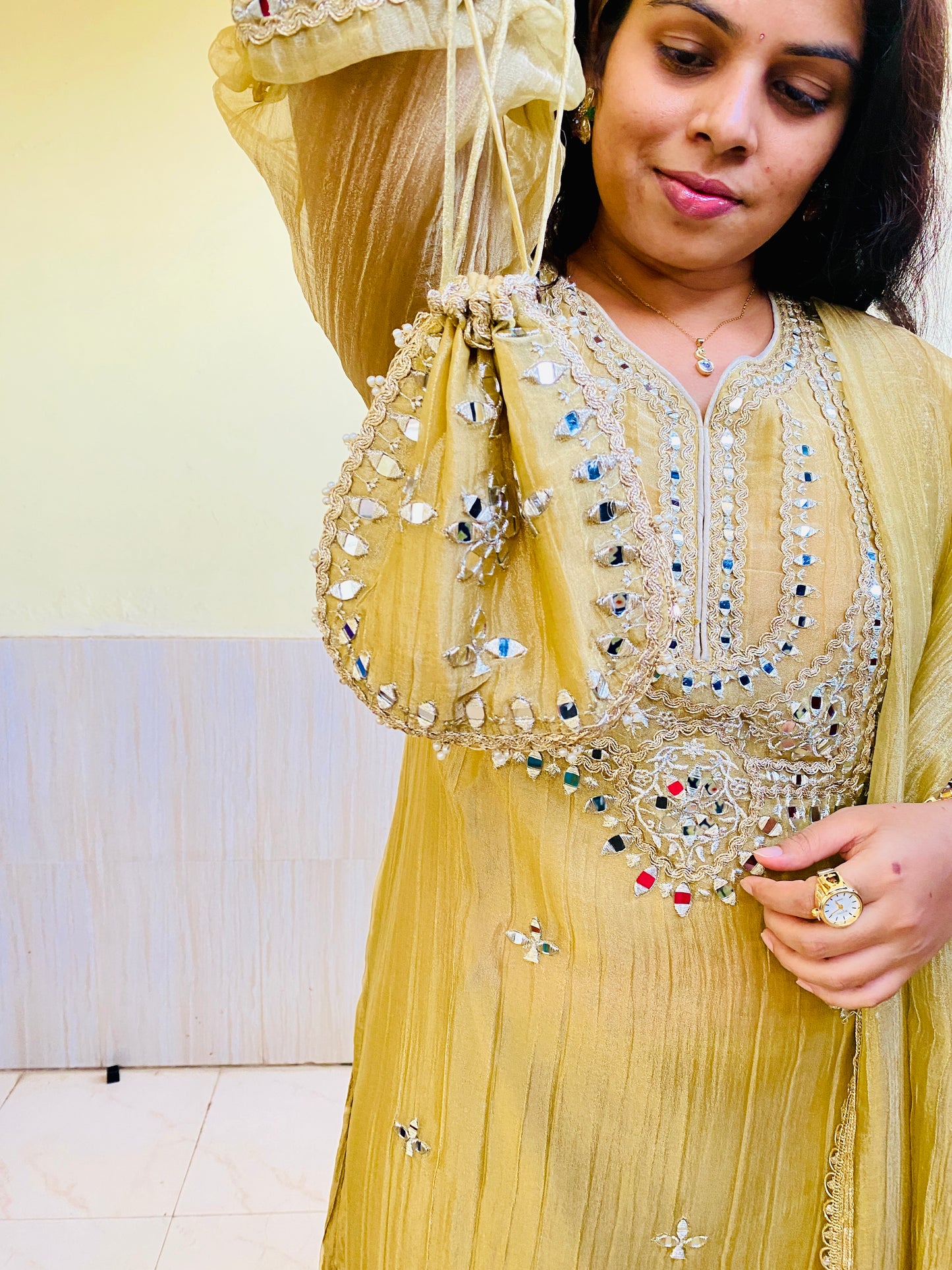 Salsa Tissue Mirror Work Suit Set with Matching Potli Bag