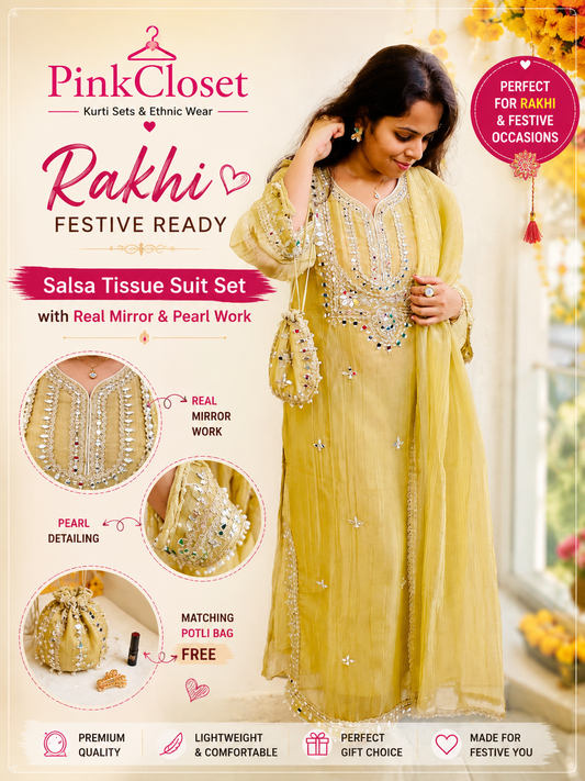 Salsa Tissue Mirror Work Suit Set with Matching Potli Bag