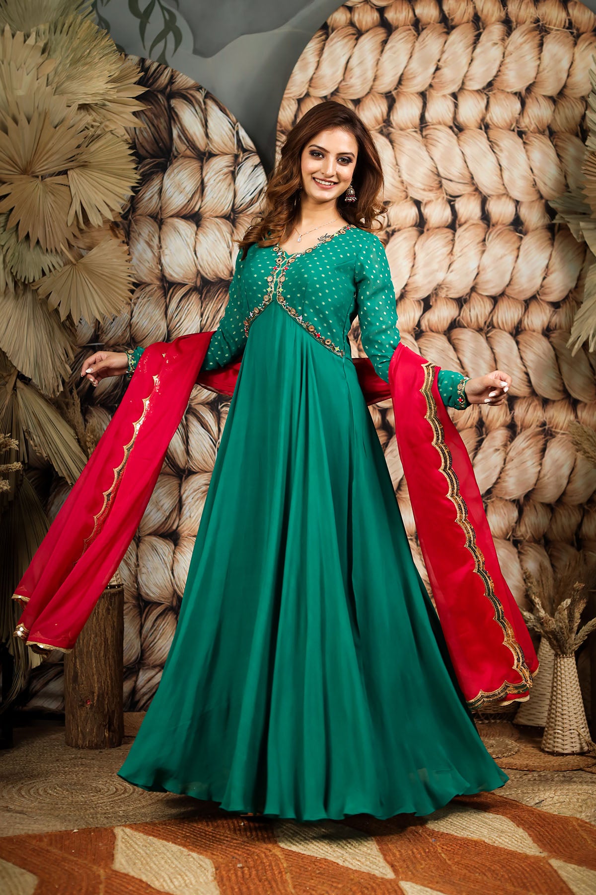 Dark Green Color Georgette Fabric Ethnic Wear Palazzo Suit