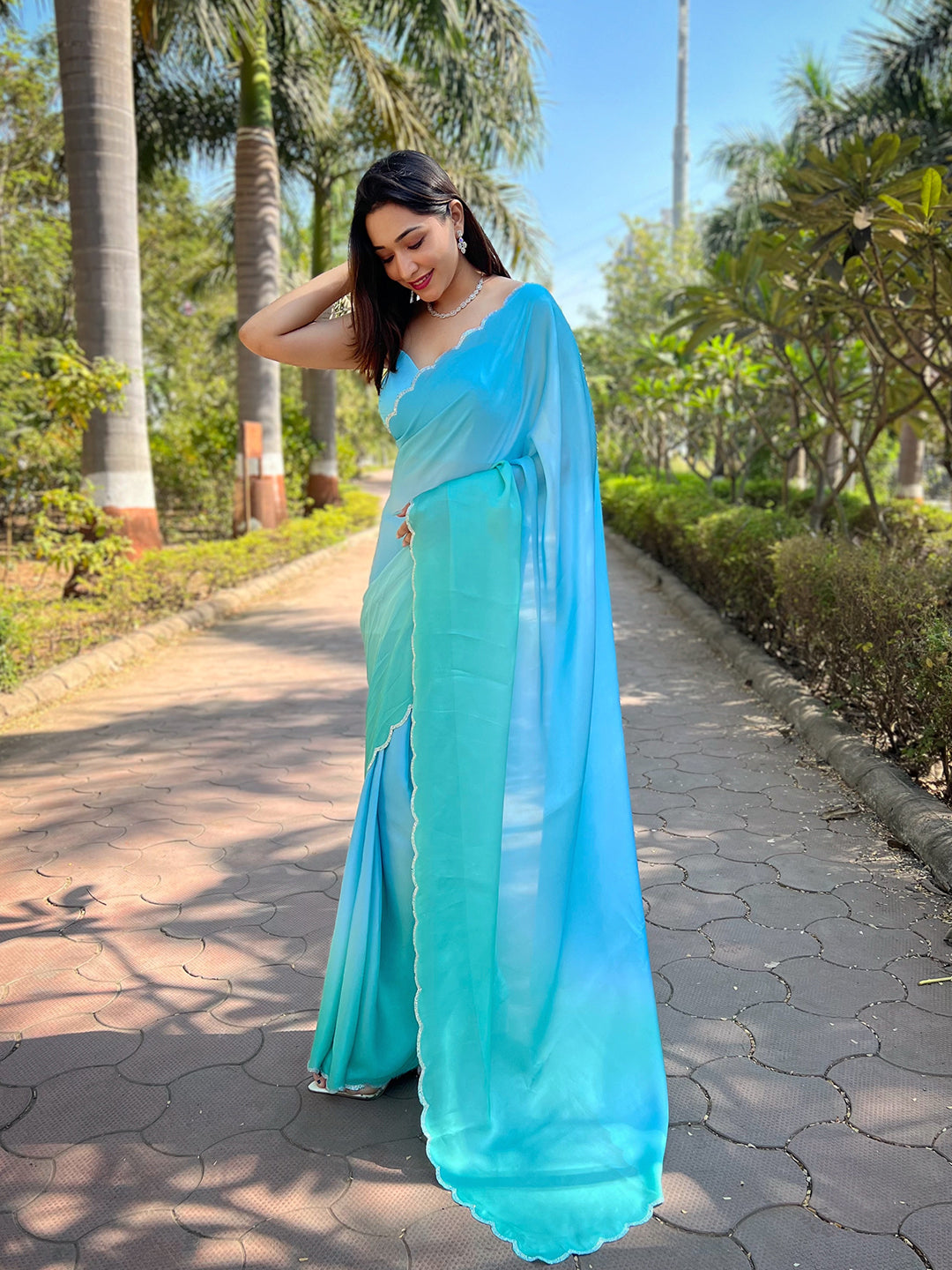 Sky Blue Satin Georgette Saree