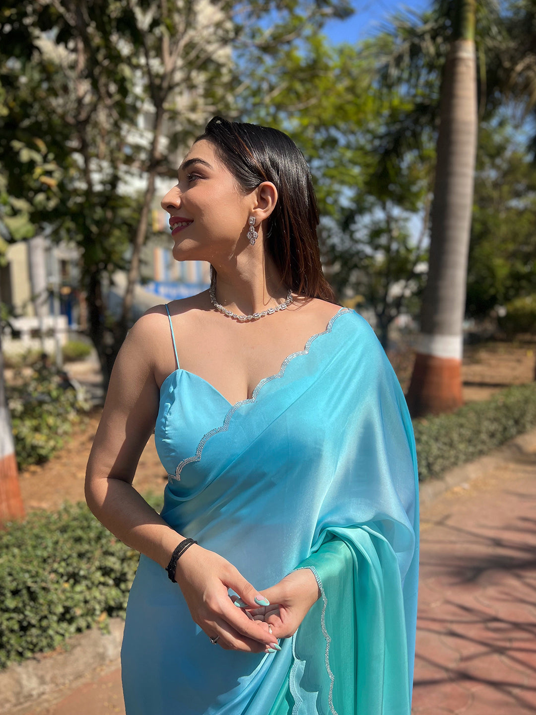 Sky Blue Satin Georgette Saree