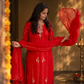 Ruby Red Handwork Chinnon Suit Set | Navaratri Look 01