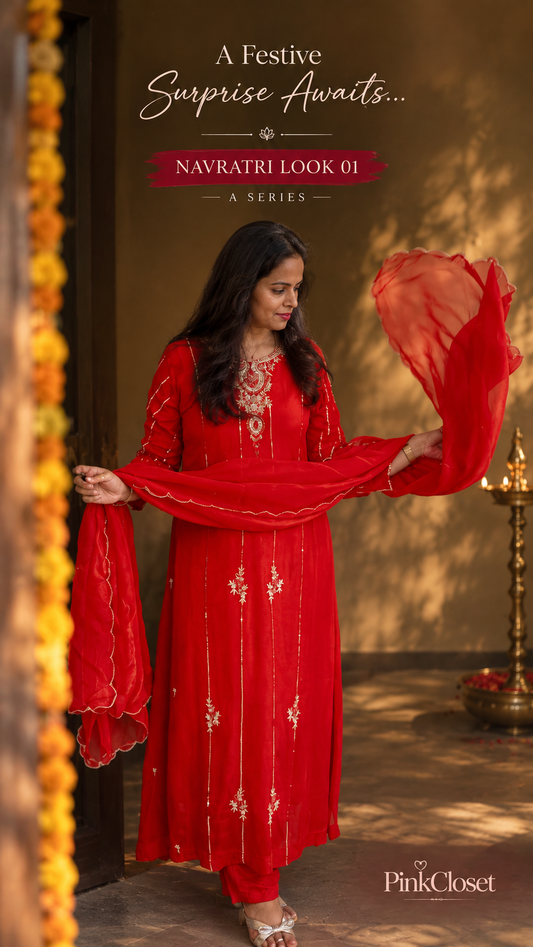 Ruby Red Handwork Chinnon Suit Set | Navaratri Look 01