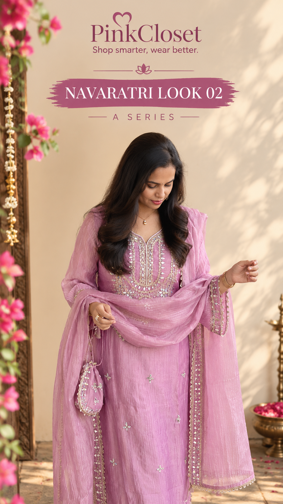 Onion Pink Salsa Tissue Mirror Work Suit Set with Potli | Navaratri Look 02