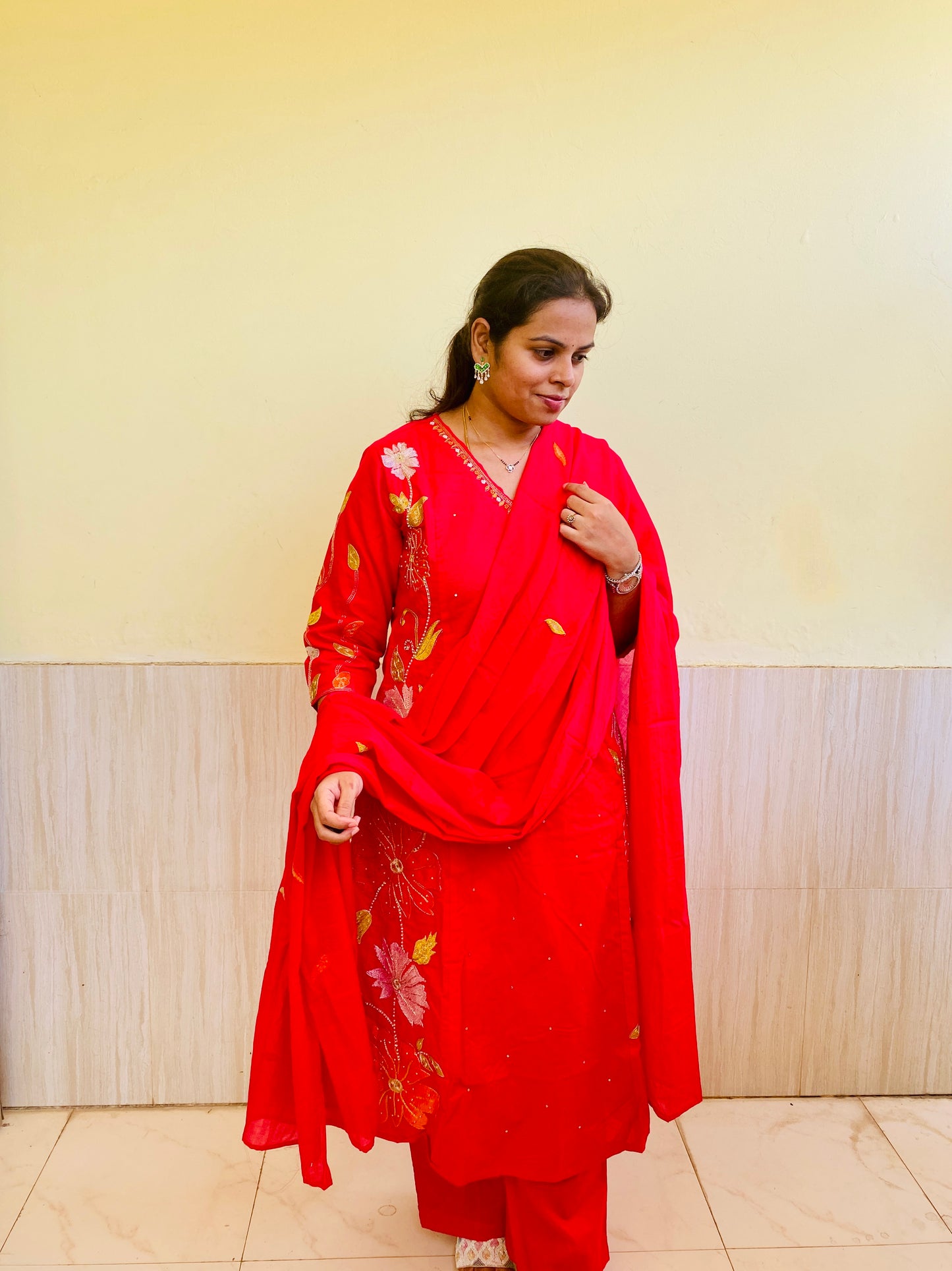 Rani Pink Mul Cotton Embroidered A-Line Suit Set