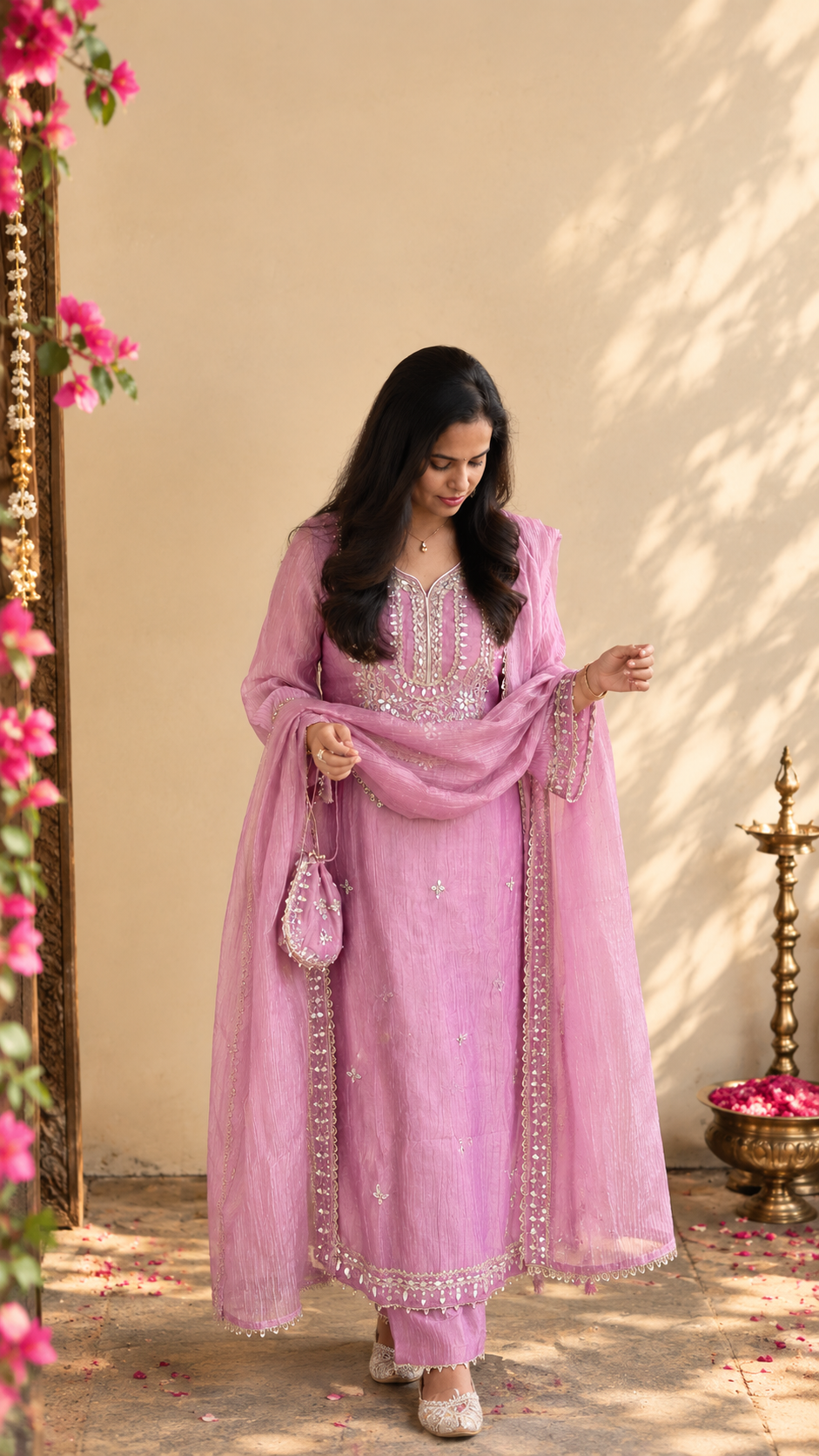 Onion Pink Salsa Tissue Mirror Work Suit Set with Potli | Navaratri Look 02
