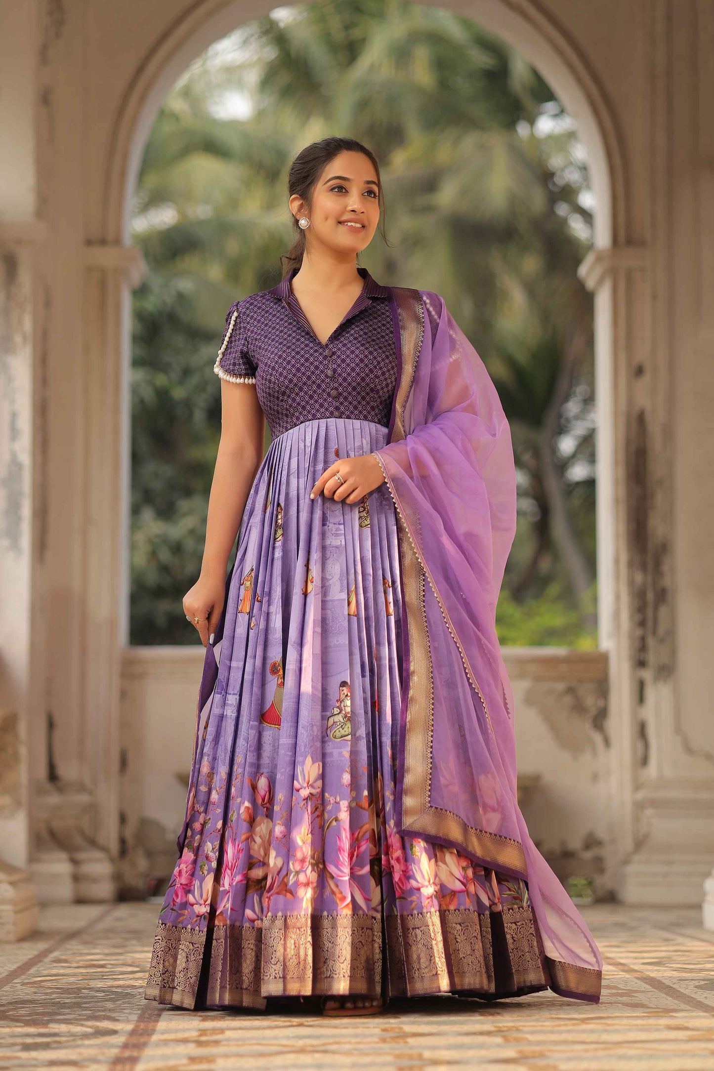 Begani Lavender Floral Silk Anarkali Set PC773