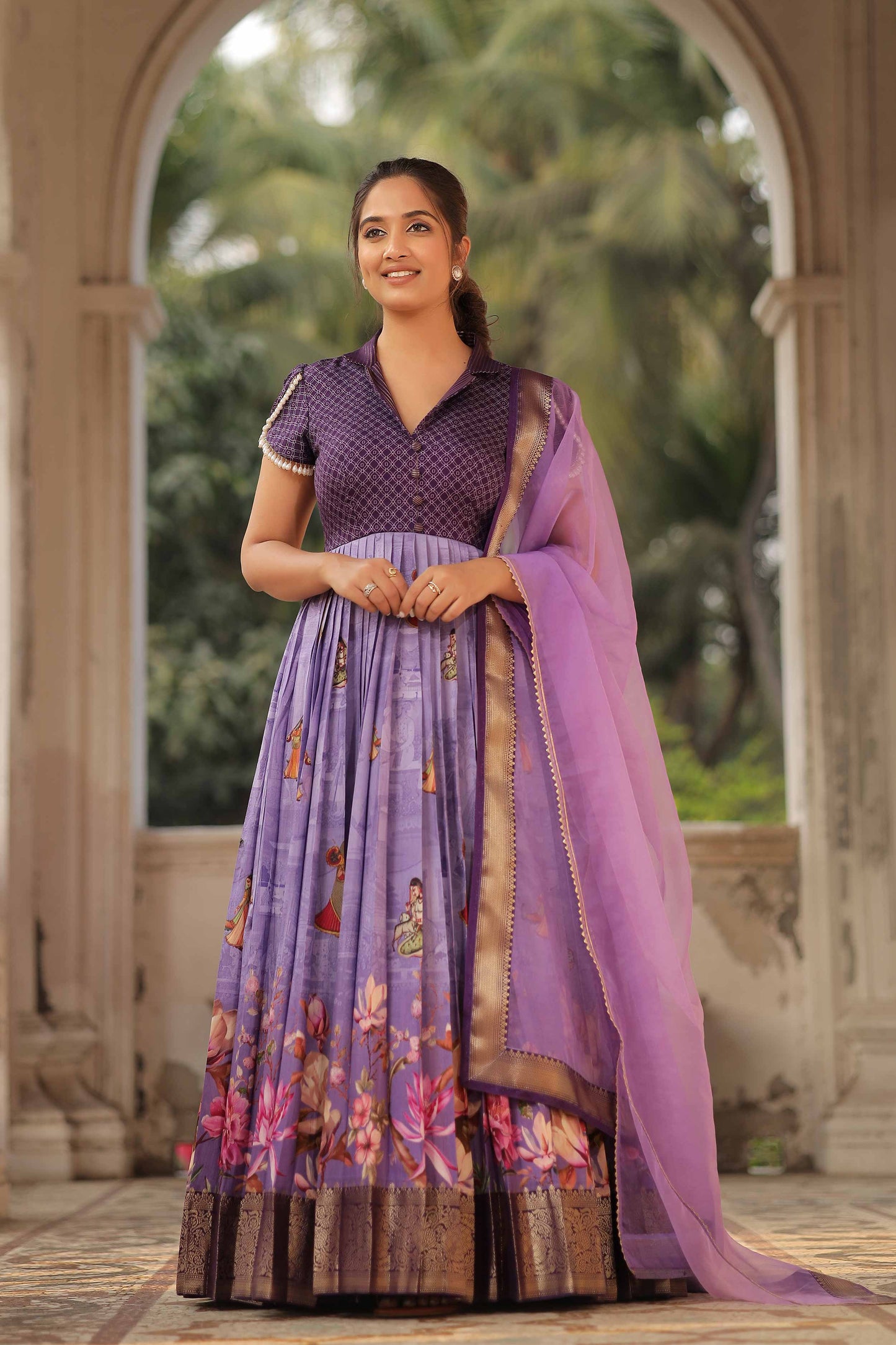 Begani Lavender Floral Silk Anarkali Set PC773