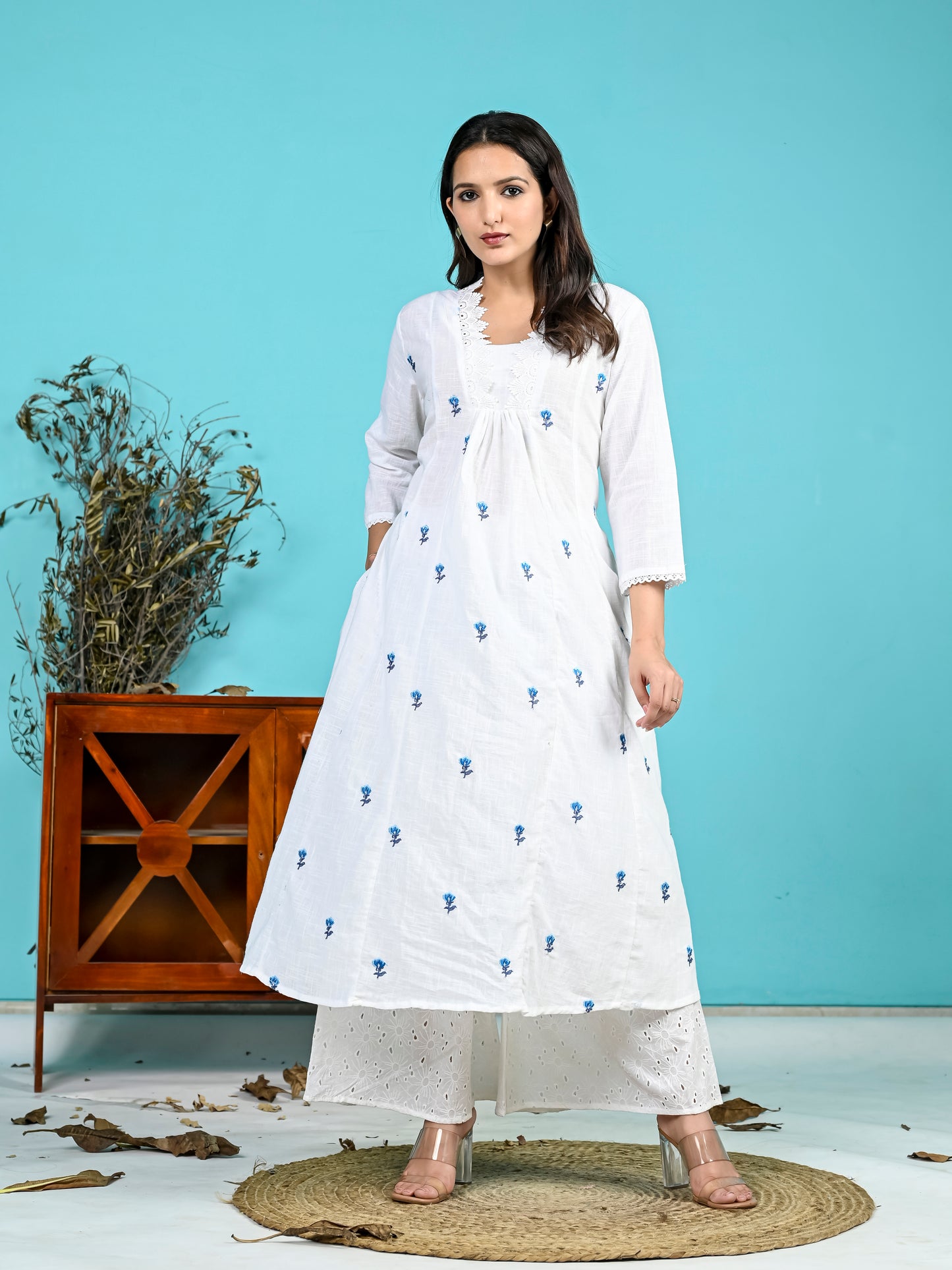 White Blue Embroidery Kurta Pant Set PC15