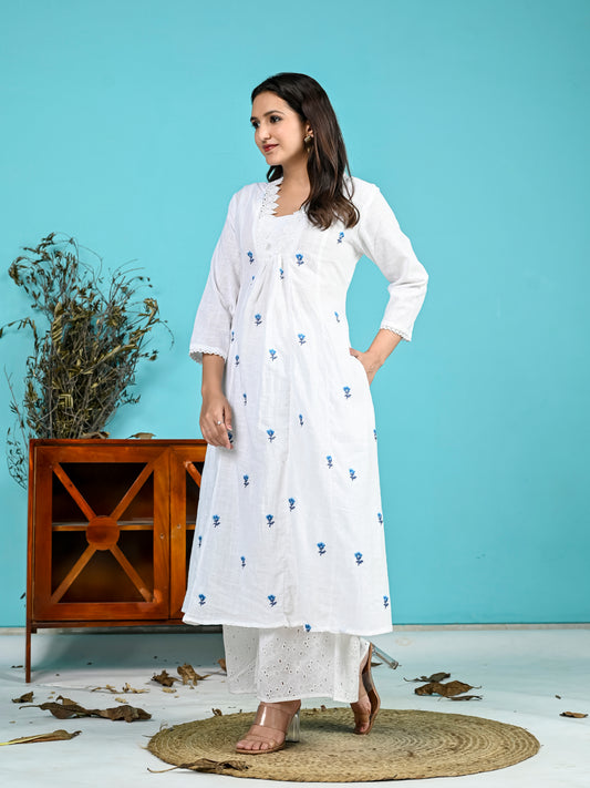 White Blue Embroidery Kurta Pant Set PC15