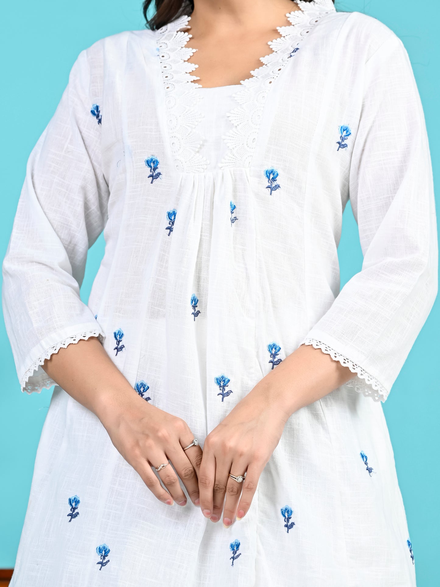 White Blue Embroidery Kurta Pant Set PC15